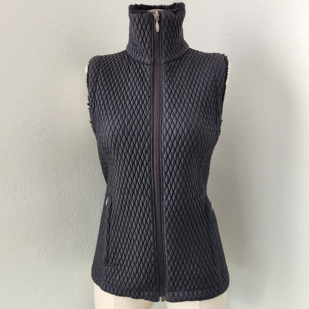 Columbia Diamond Quilted Faux Fur Collar Black Vest Small